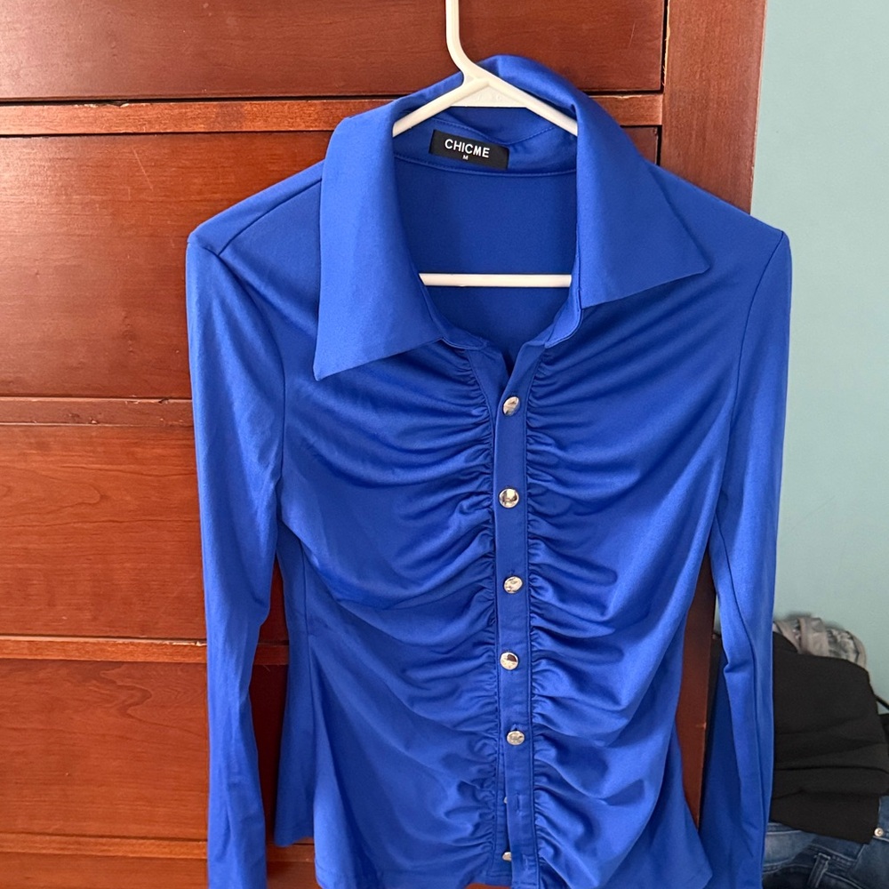 Chicme Women's Blue Ruched Button Down Shirt